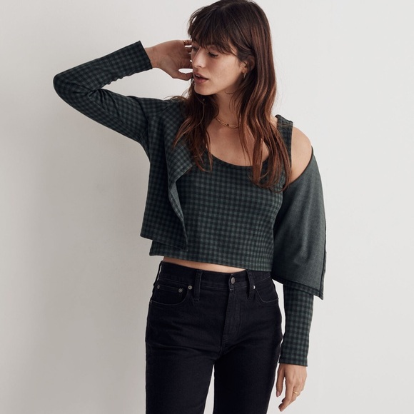 Madewell Sweaters - Madewell Jacquard Long Sleeve Cardigan & Tank Twin Set in Gingham Forest Green